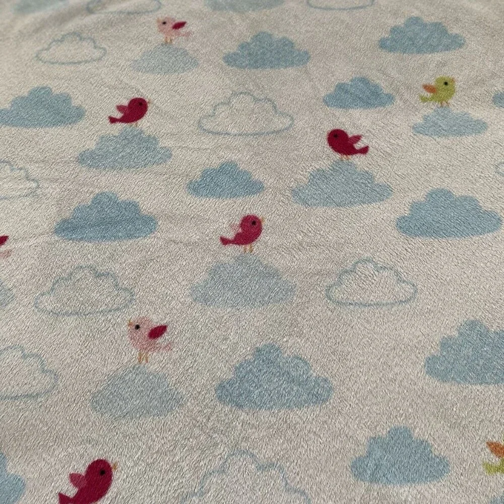Circo White Clouds Soft‎ Fleece Blue Sherpa Back Baby Blanket Pink Green Birds
